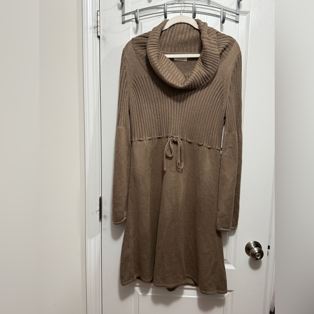 Calvin Klein Cowl Neck Sweater Dress Women’s L Brown Balloon Sleeve Boho Neutral